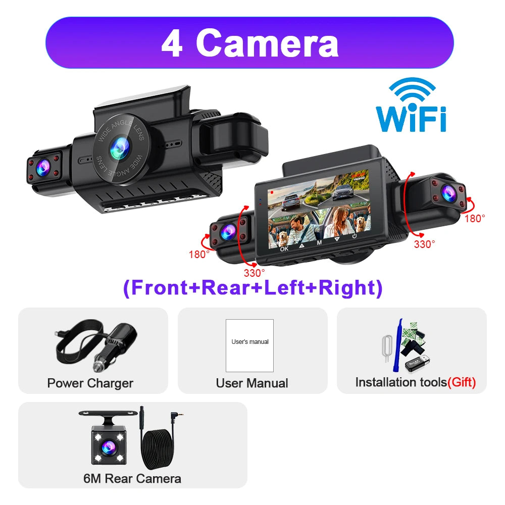 4 Channel WiFi Dash Cam - FHD 1080P Front/Rear/Left/Right Black Box with Night Vision & 24H Parking Mode