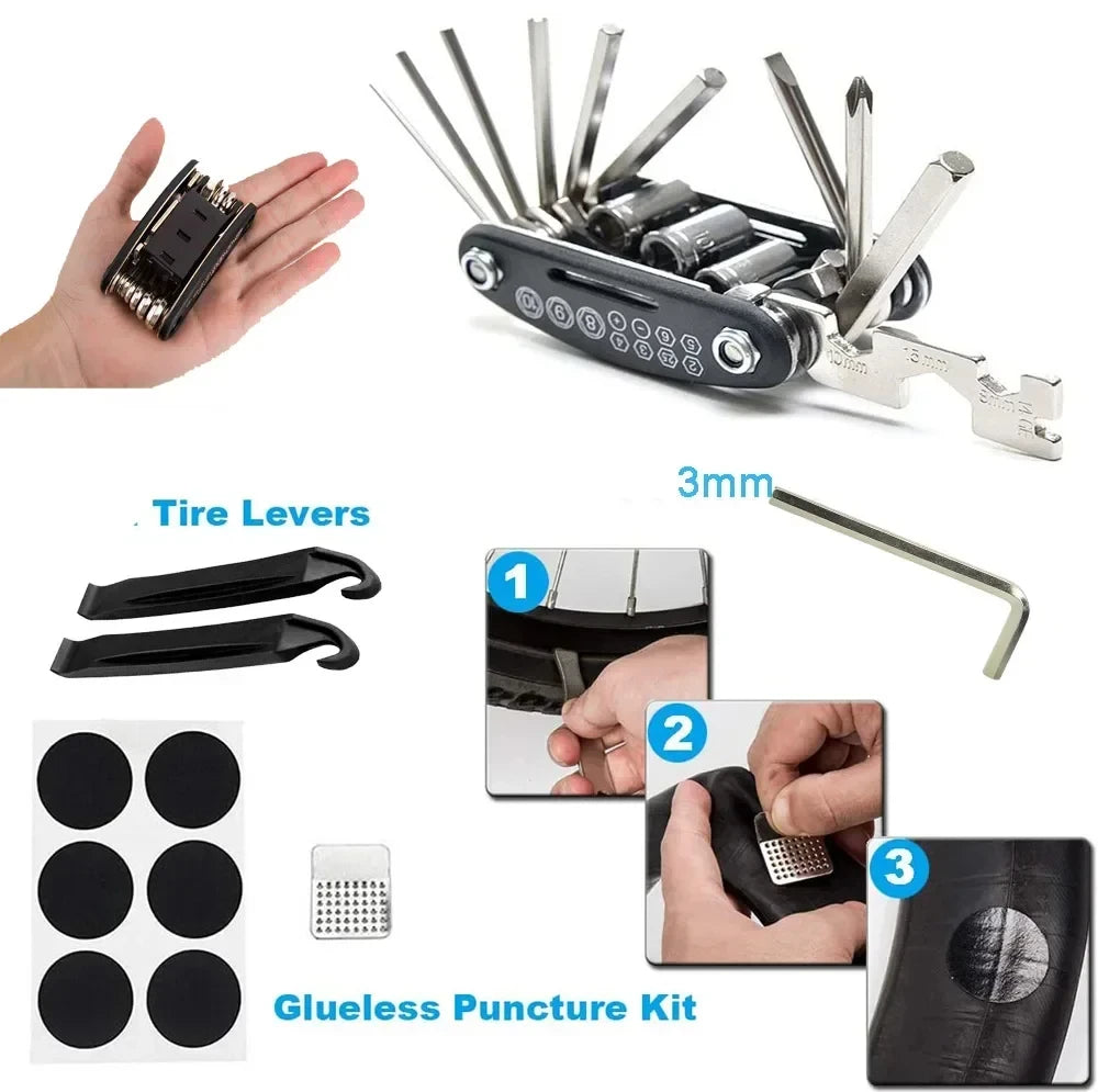 Bicycle Repair Tool Kit - Multi-Tool Set with Tire Patch Kit & Pump