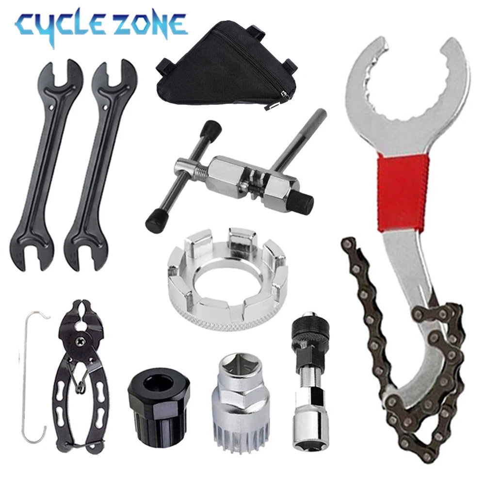 Bicycle Repair Tool Kit - Flywheel Remover, Chain Breaker, Crank Puller & Spoke Wrench for MTB & Road Bike Maintenance