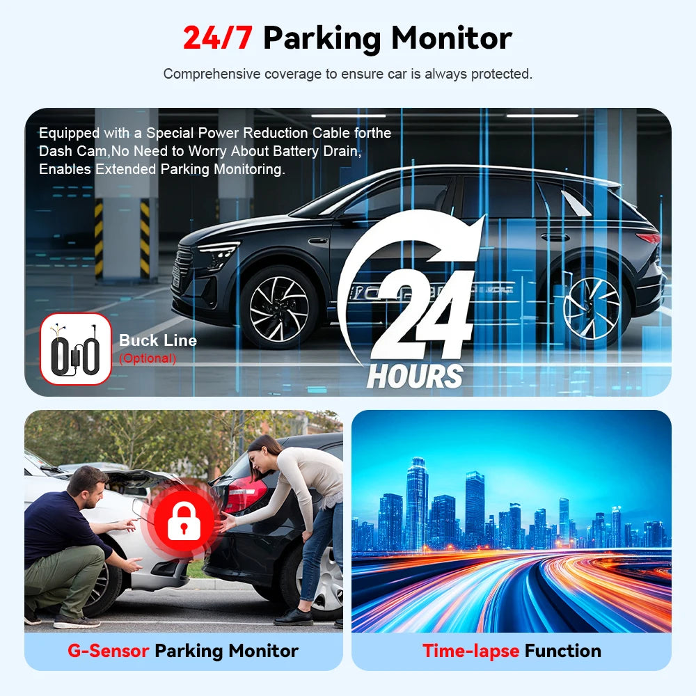 4 Channel WiFi Dash Cam - FHD 1080P Front/Rear/Left/Right Black Box with Night Vision & 24H Parking Mode