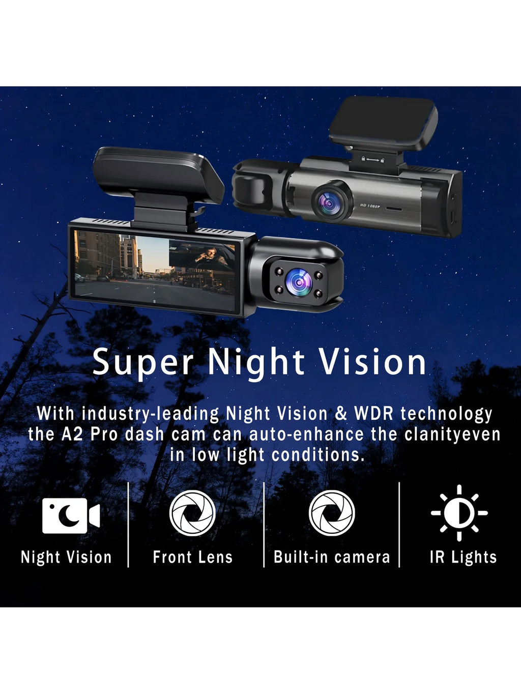 Dual Dash Cam - Front 1080P & Inside 720P with IR Night Vision, Loop Recording & Wide Angle Lens