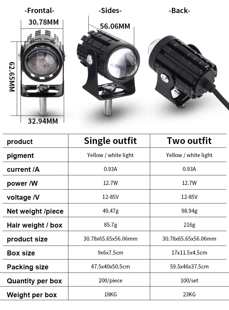 Motorcycle LED Mini Projector Headlight - Dual Color Fog Light Spotlight