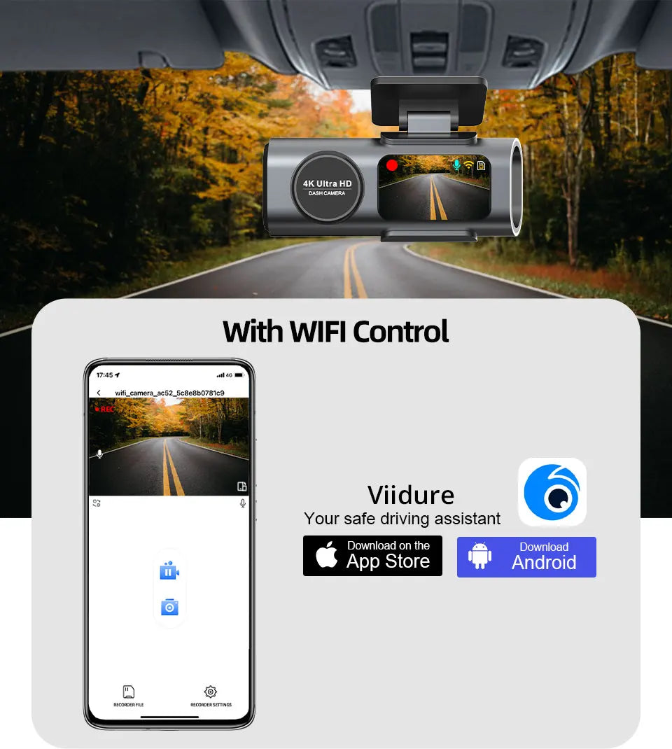 4K UHD Dash Cam - Night Vision Car DVR with Built-In WiFi, GPS & 24H Parking Mode