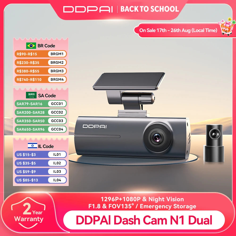 DDPAI N1 Dual Dash Cam - Front & Rear 1296P Night Vision Car DVR with App Control