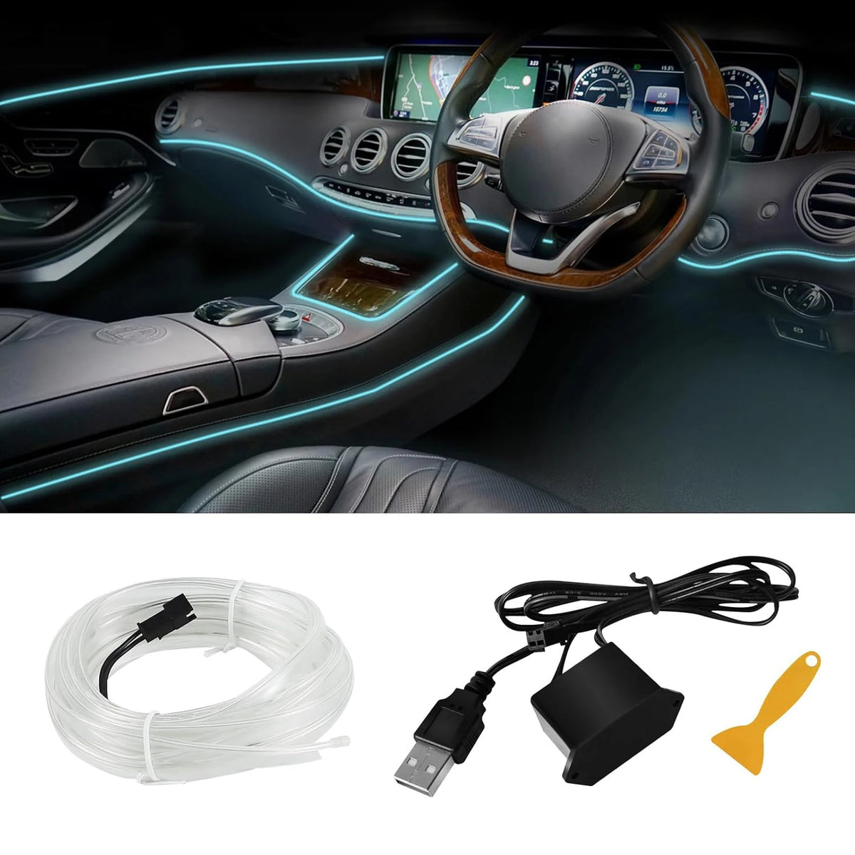 5m Neon EL Wire Car Interior Ambient Lighting Strip – Flexible USB LED Light Kit