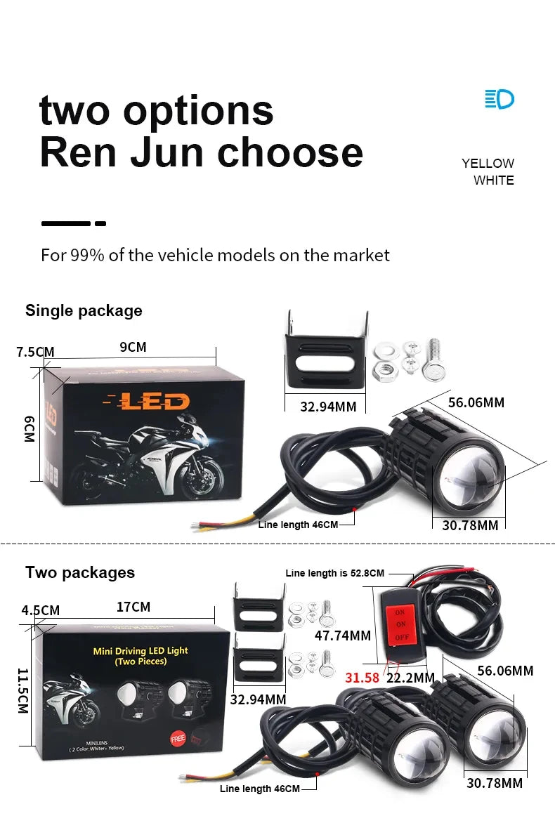 Motorcycle LED Mini Projector Headlight - Dual Color Fog Light Spotlight