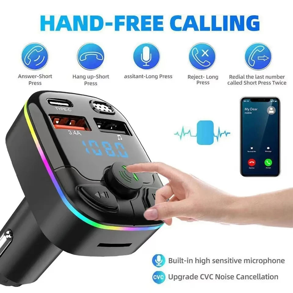 Bluetooth 5.0 FM Transmitter with Hands-Free Calling, PD Type-C Fast Charging & RGB Ambient Light