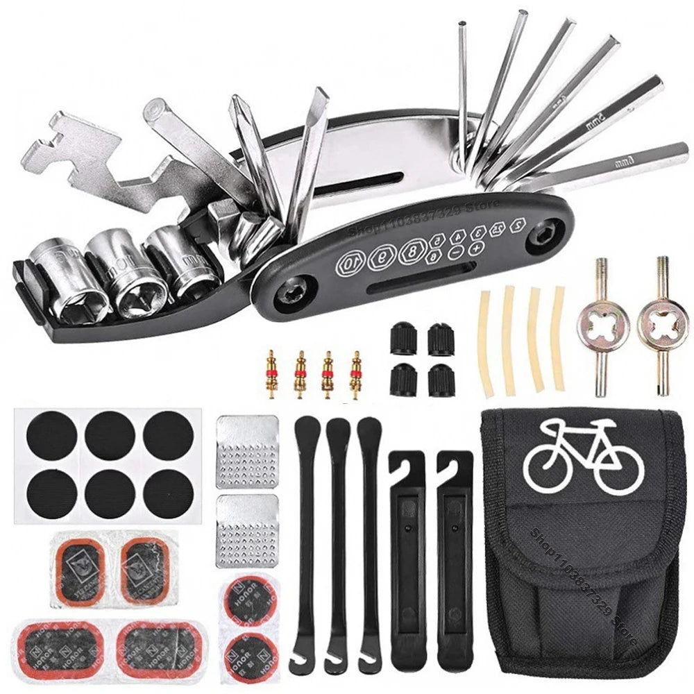 Bicycle Repair Tool Kit - Multi-Tool Set with Tire Patch Kit & Pump