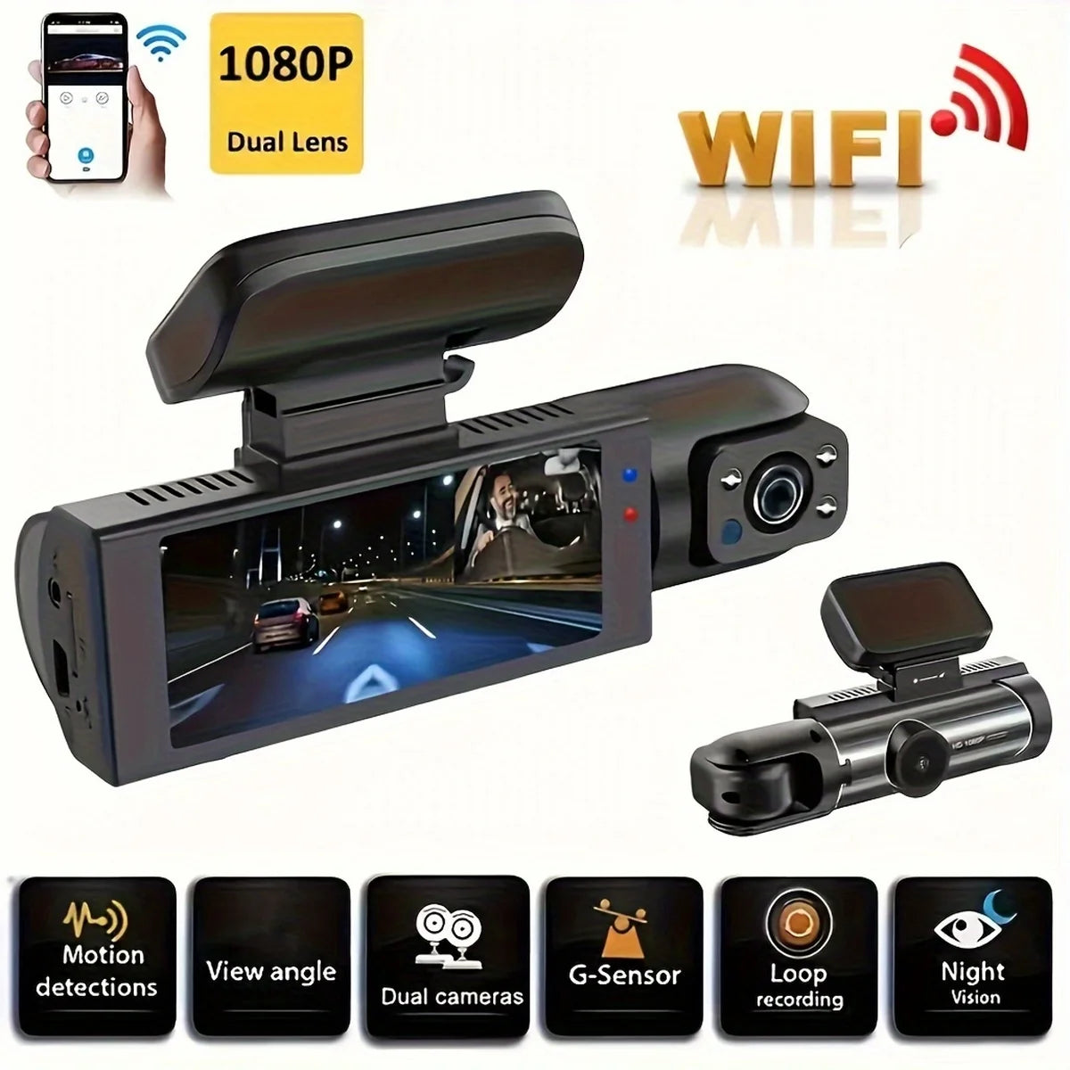 Dual Dash Cam - Front 1080P & Inside 720P with IR Night Vision, Loop Recording & Wide Angle Lens