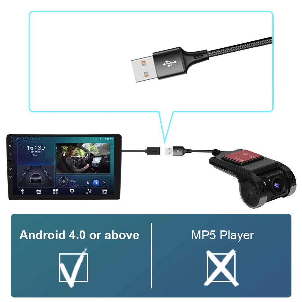 ADAS USB Dash Cam - Front & Rear Dual Camera Car DVR with Night Vision for Android Navigation