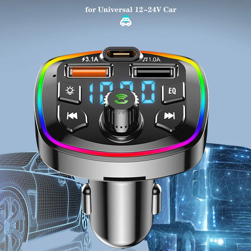 Bluetooth 5.0 FM Transmitter with Hands-Free Mic, Audio Receiver & Dual USB Fast Car Charger