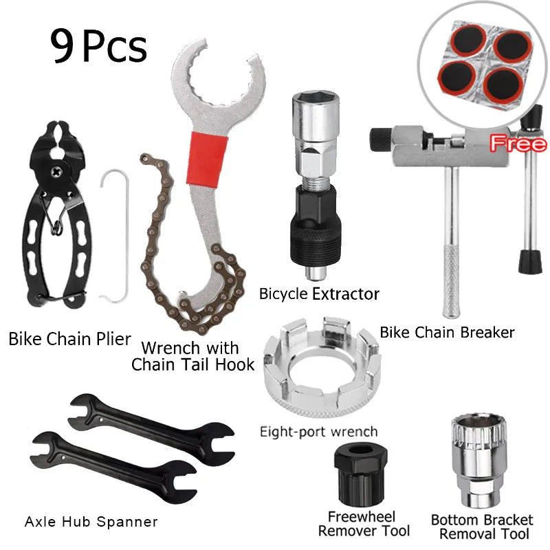 Bicycle Repair Tool Kit - Flywheel Remover, Chain Breaker, Crank Puller & Spoke Wrench for MTB & Road Bike Maintenance